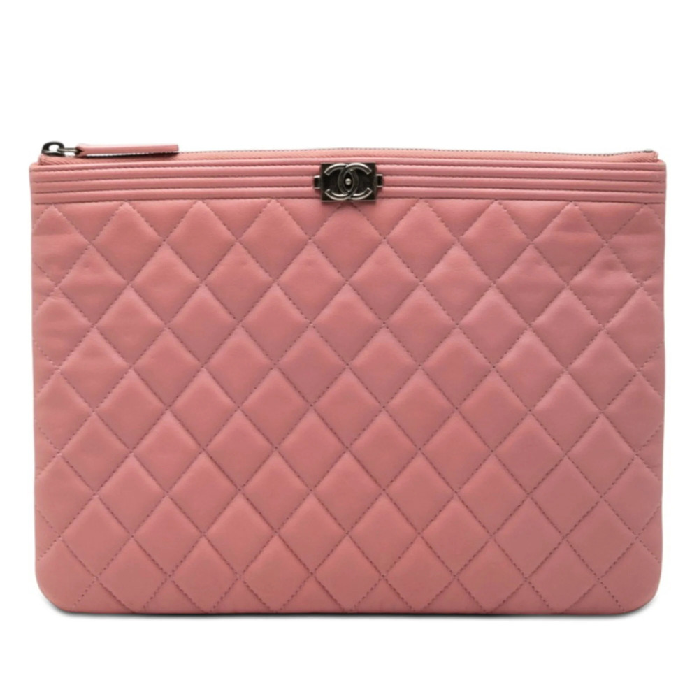 CHANEL Pink Lambskin Leather Logo Clutch Bag